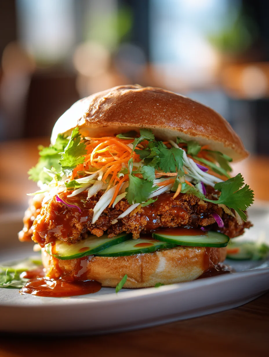 Thai fried chicken sandwich with crispy chicken, pickled vegetables, and spicy sauce on a toasted bun
