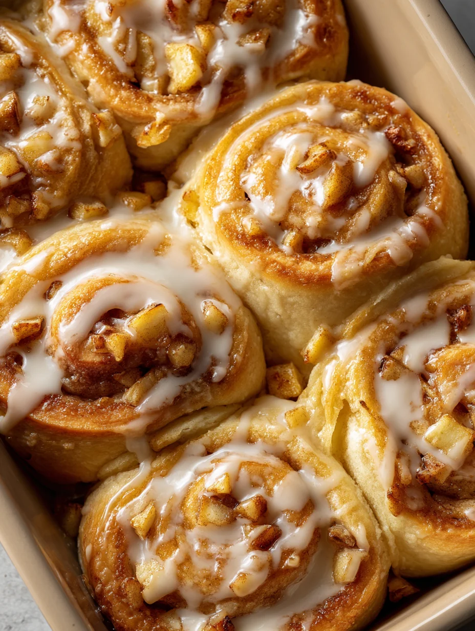 Apple cheesecake buns topped with icing and diced apples in a baking dish.