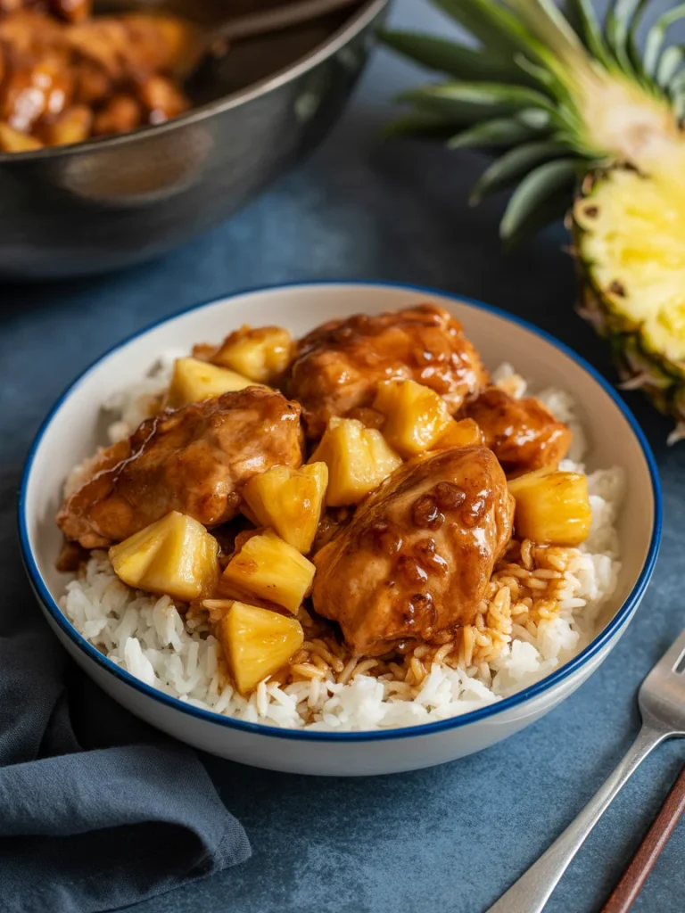 Brown sugar pineapple chicken over white rice with caramelized sauce and pineapple chunks.