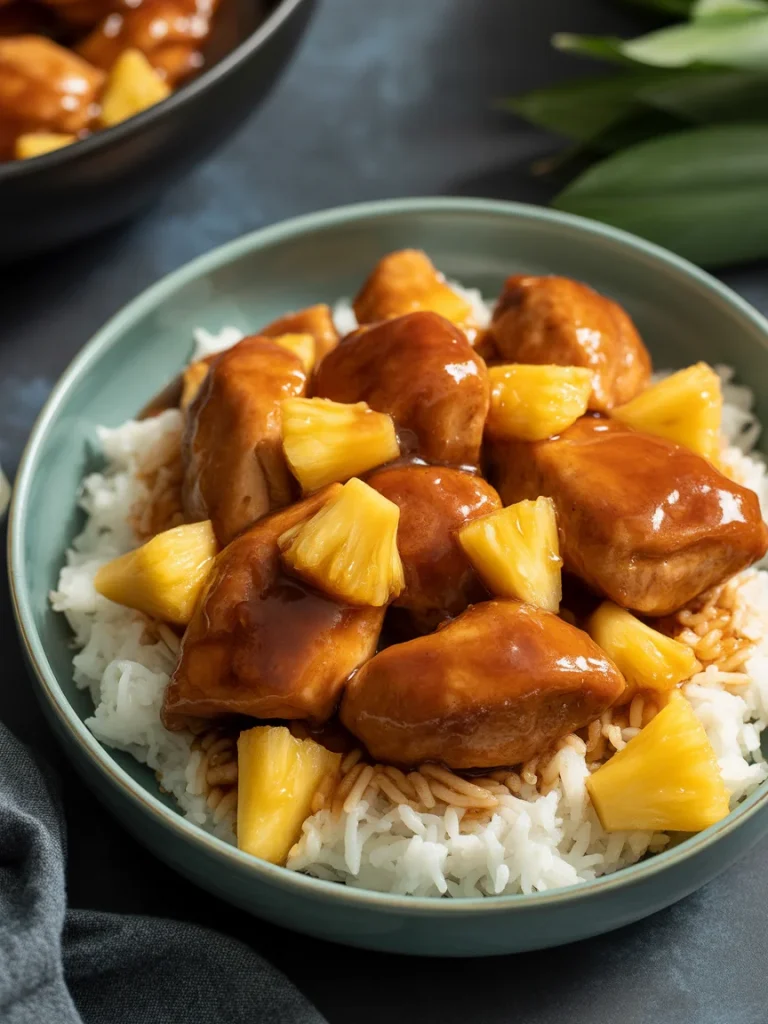 Brown sugar pineapple chicken with glossy sauce and pineapple chunks served over rice.