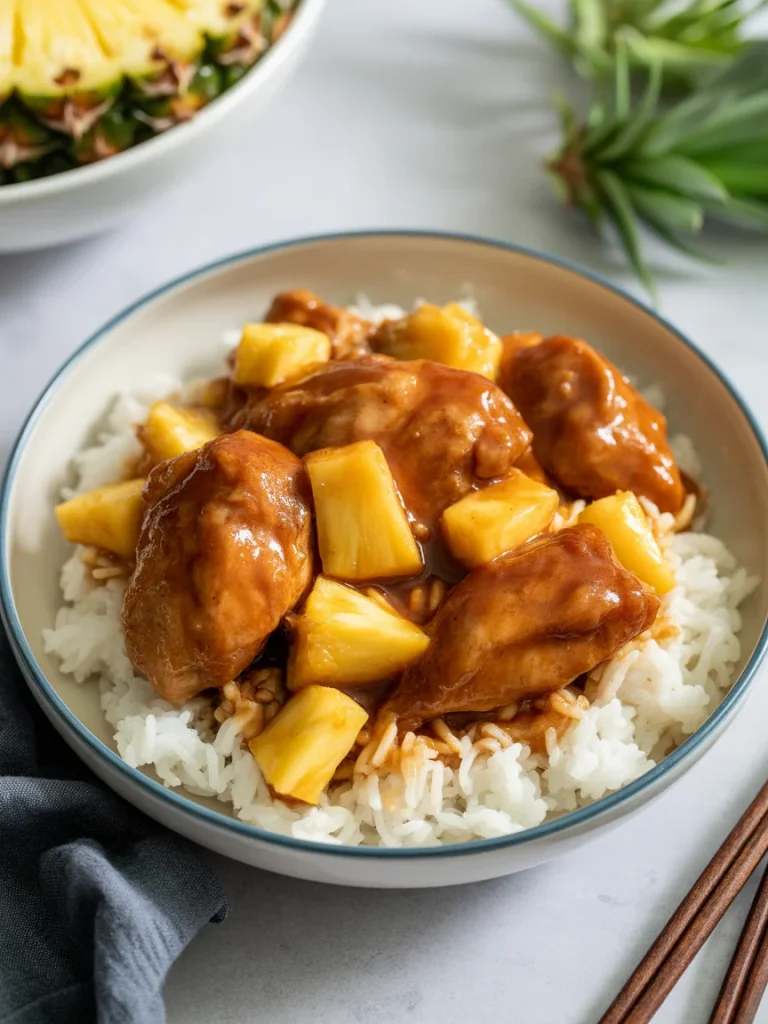 Brown sugar pineapple chicken served over rice with juicy pineapple chunks and glazed chicken.