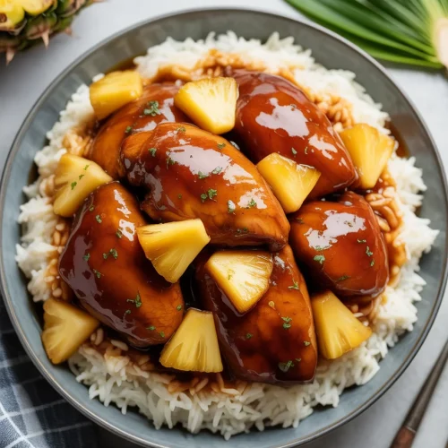 Brown sugar pineapple chicken with glazed sauce and pineapple chunks over white rice.