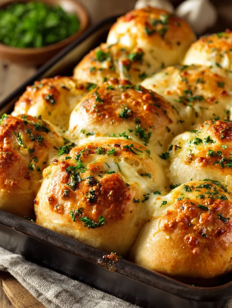 Buttery cheese garlic rolls baked with melted cheese and parsley.