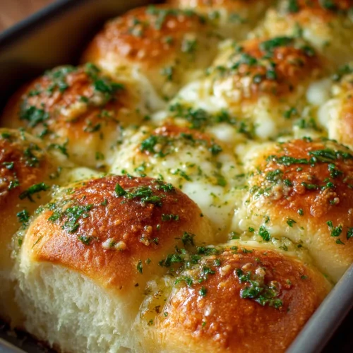Buttery cheese garlic rolls with melted cheese and herbs in a baking pan.