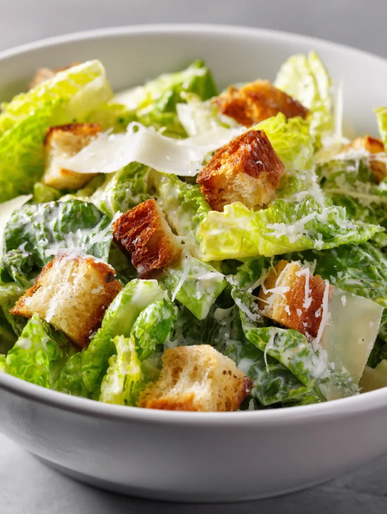 Close-up Caesar salad with romaine lettuce, croutons, parmesan, and creamy dressing.