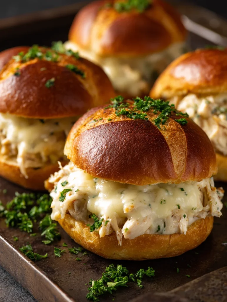Chicken Alfredo sloppy joes with melted cheese on toasted brioche buns.