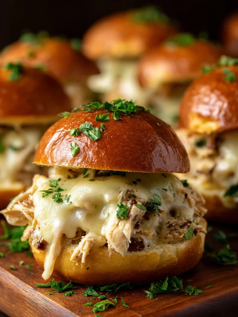 Cheesy chicken Alfredo sloppy joes on toasted brioche buns with parsley garnish.
