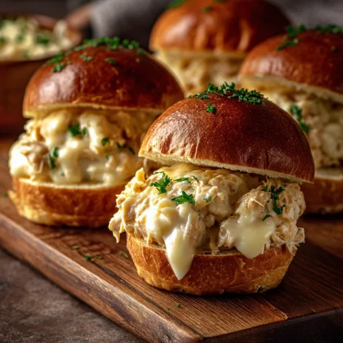 Chicken Alfredo sloppy joes on brioche buns with creamy sauce and melted cheese.