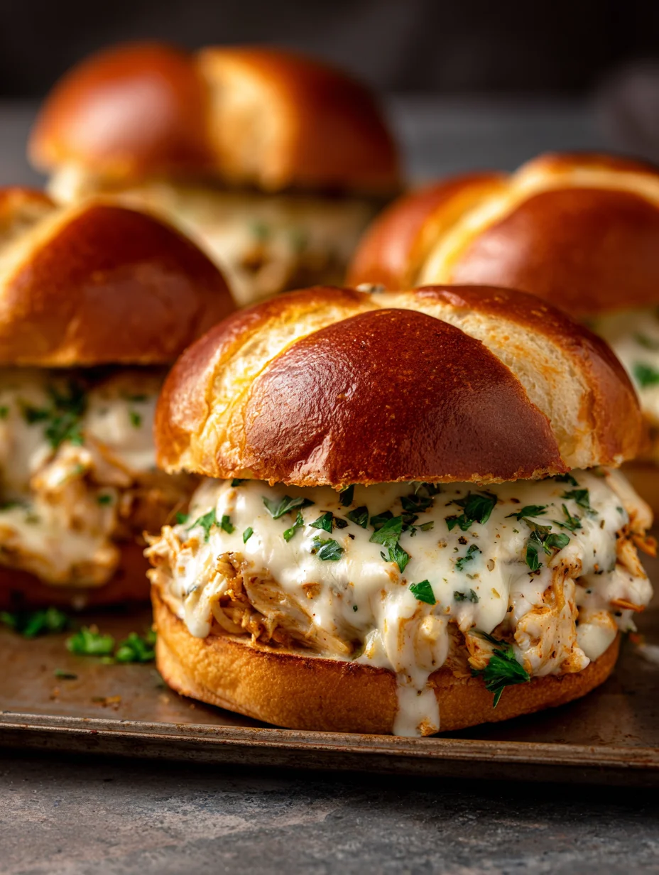 Chicken Alfredo sloppy joes on toasted brioche buns with melted cheese.