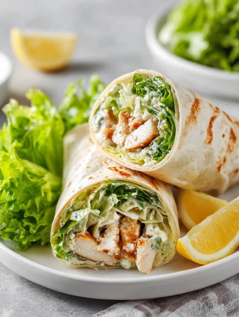 Chicken Caesar wrap with grilled chicken, romaine lettuce, and creamy dressing.