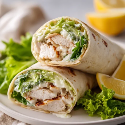 Chicken Caesar wrap with grilled chicken, romaine lettuce, and creamy Caesar dressing.