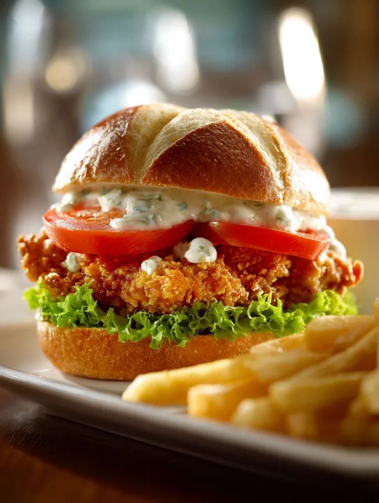 Crispy chicken sandwich with garlic aioli, lettuce, and tomato on a toasted brioche bun served with fries.