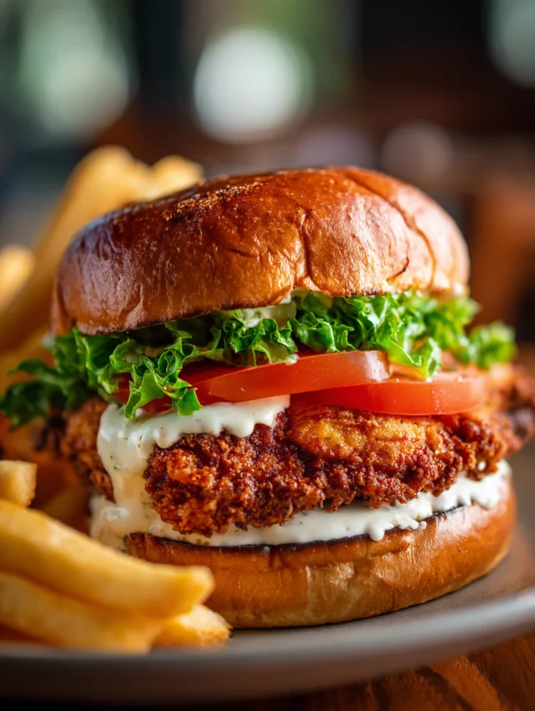 Crispy chicken sandwich with garlic aioli, lettuce, and tomato on a toasted brioche bun.