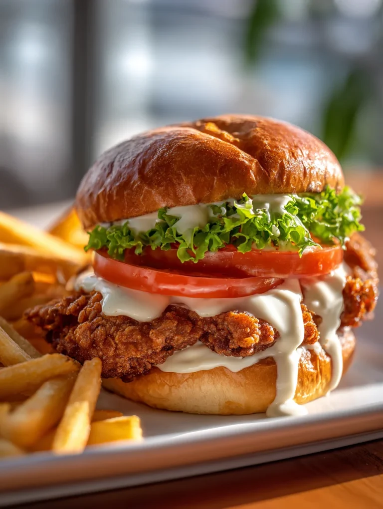 Crispy chicken sandwich with garlic aioli, lettuce, and tomato on a toasted bun.