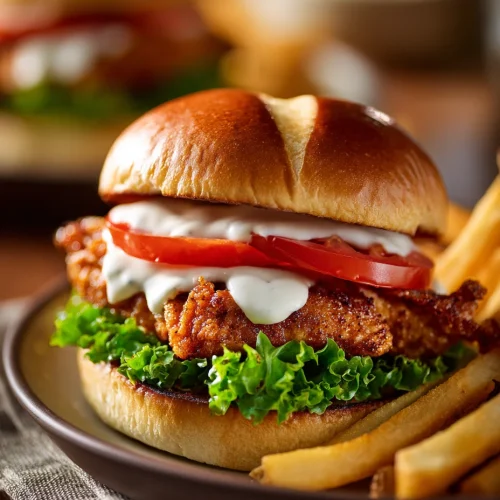 Crispy chicken sandwich with garlic aioli, lettuce, and tomato on a toasted brioche bun served with fries.