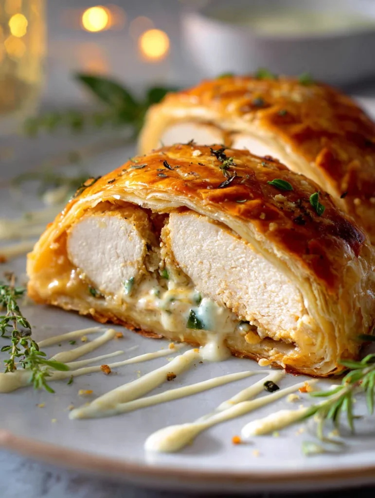 Sliced chicken Wellington with Dijon cream sauce, showing juicy chicken inside golden flaky pastry.
