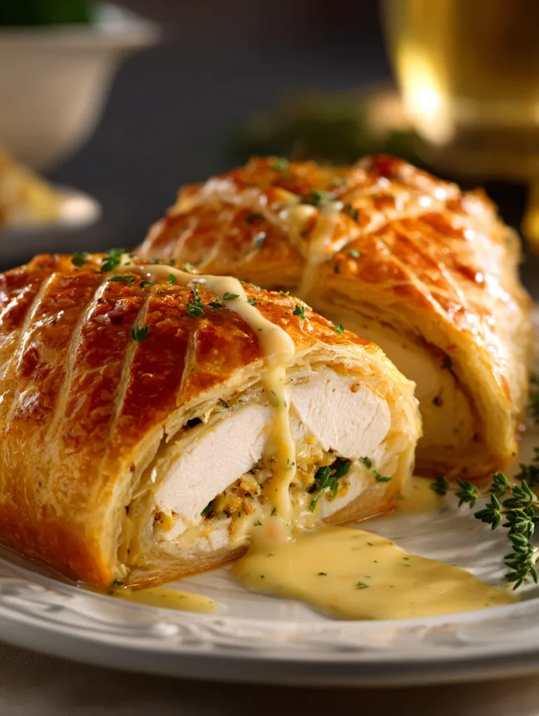 Chicken Wellington with Dijon cream sauce, sliced to show tender chicken inside flaky golden pastry.
