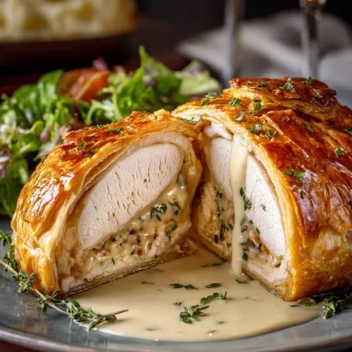 Chicken Wellington with Dijon cream sauce served with salad, sliced to reveal juicy chicken in golden pastry.