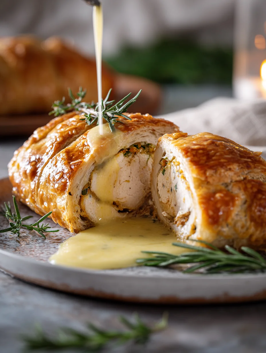 Chicken Wellington with Dijon cream sauce, sliced to reveal juicy chicken inside flaky pastry.