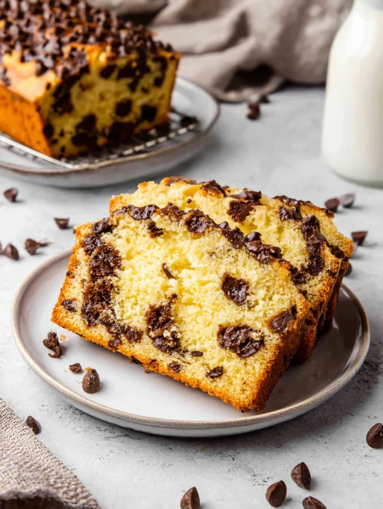 Slice of chocolate chip loaf cake on a plate with visible chocolate chunks and golden crust.