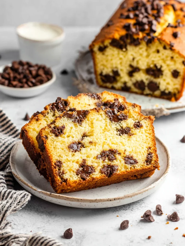 Chocolate chip loaf cake slices on a plate with soft crumb and melted chocolate chips.
