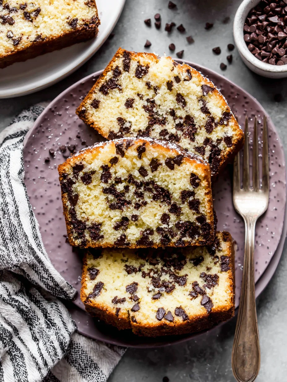 Chocolate chip cake slices on a plate, showing moist crumb with chocolate chips throughout.