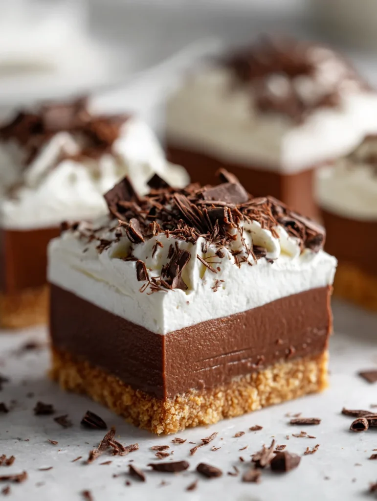 Chocolate cream pie bar with graham crust, chocolate filling, whipped topping, and chocolate shavings.