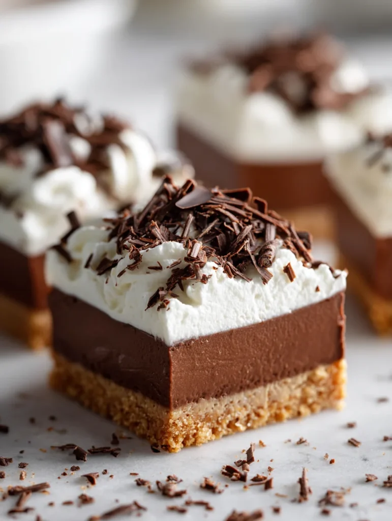 Chocolate cream pie bar with layered crust, chocolate filling, whipped cream, and chocolate curls.