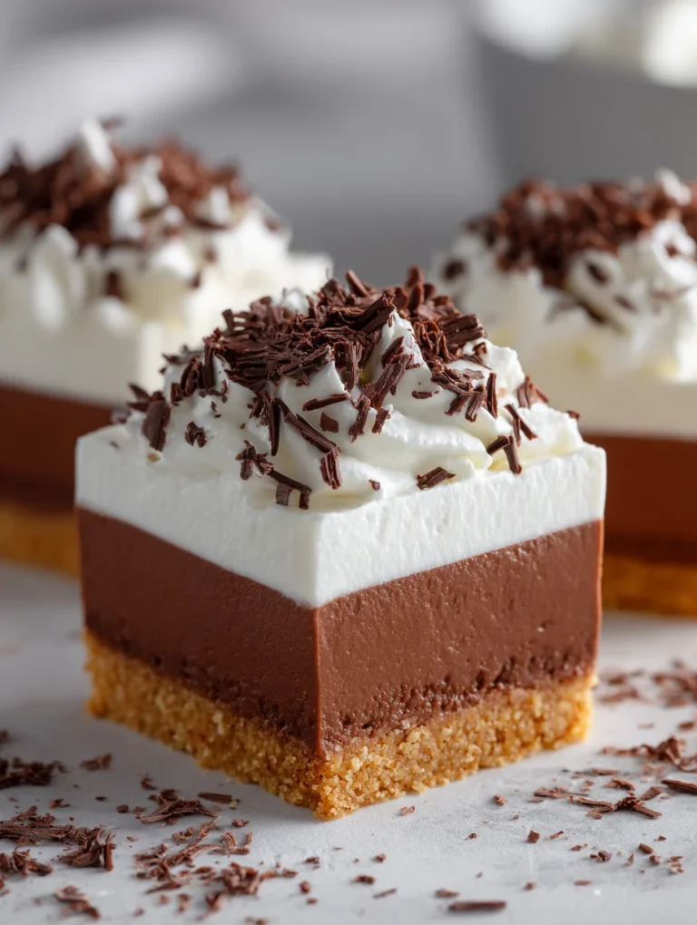 Chocolate cream pie bars with cookie crust, chocolate layer, and whipped cream topping.