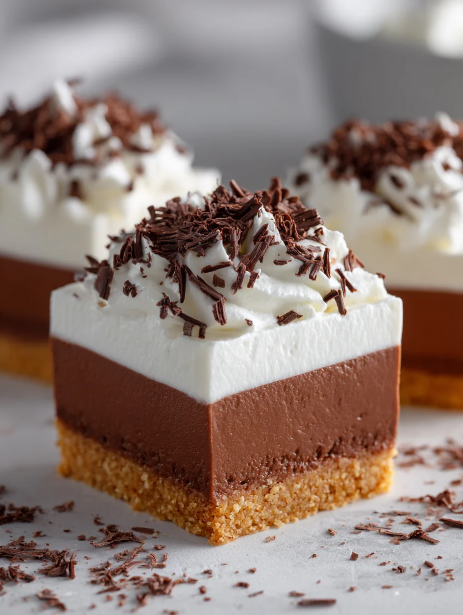 Chocolate cream pie bars with cookie crust, chocolate layer, and whipped cream topping.