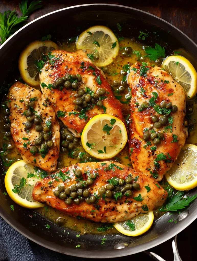 Easy chicken piccata with lemon, capers, and parsley in skillet.