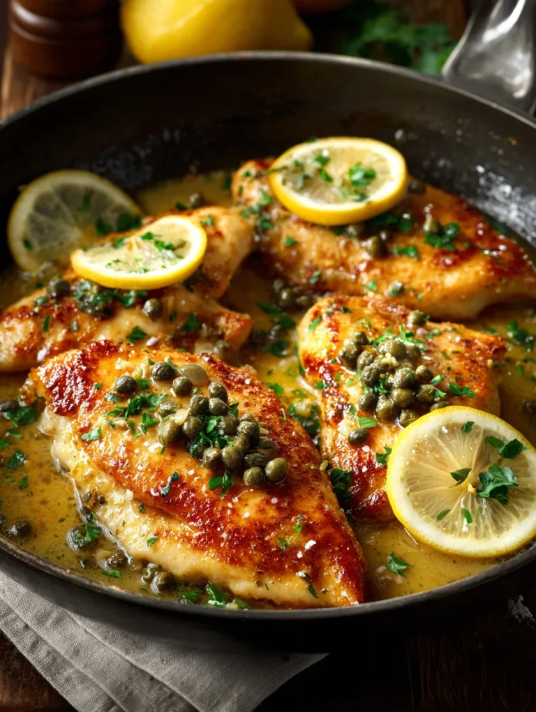 Easy chicken piccata with lemon slices and capers in a skillet.