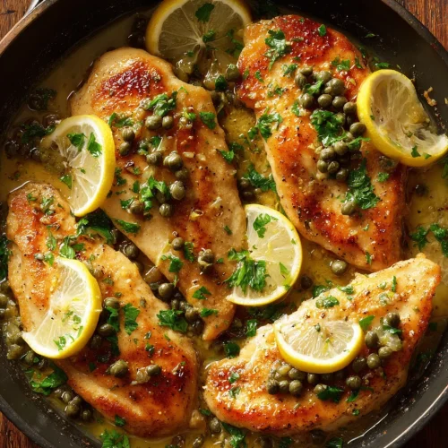 Easy chicken piccata in skillet with lemon slices, capers, and parsley.