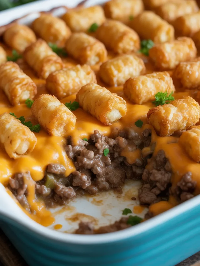 Ground beef tater tot casserole with melted cheddar cheese and crispy tater tots in a baking dish.