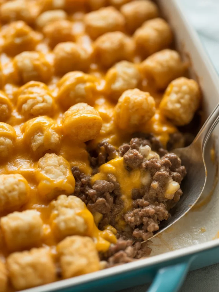 Ground beef tater tot casserole topped with melted cheddar cheese and crispy tater tots.