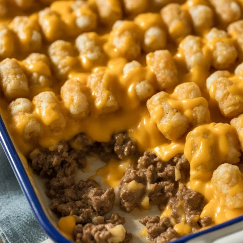 Ground beef tater tot casserole baked with melted cheddar cheese and crispy tater tots.