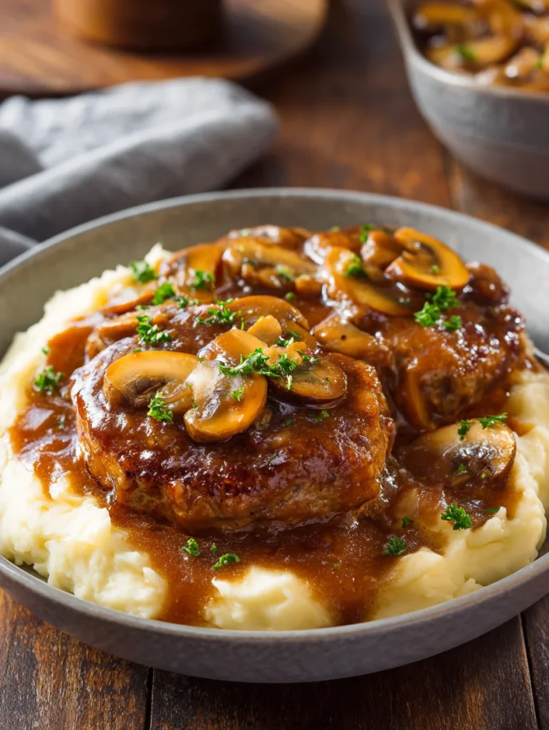 Homemade Salisbury steak patties with mushroom gravy and mashed potatoes.