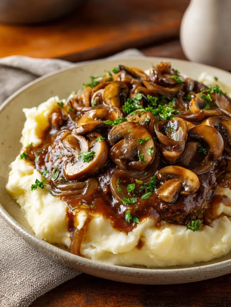 Homemade Salisbury steak with mushroom onion gravy over mashed potatoes.