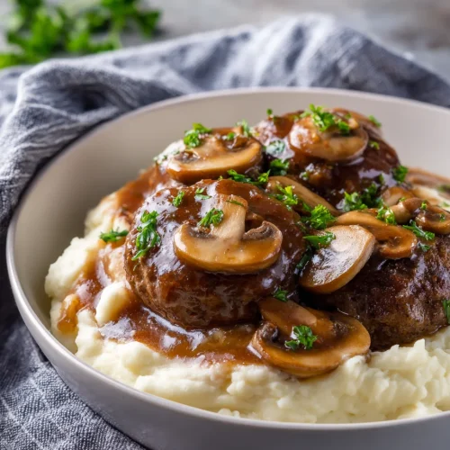 Homemade Salisbury steak patties with mushroom gravy over creamy mashed potatoes.