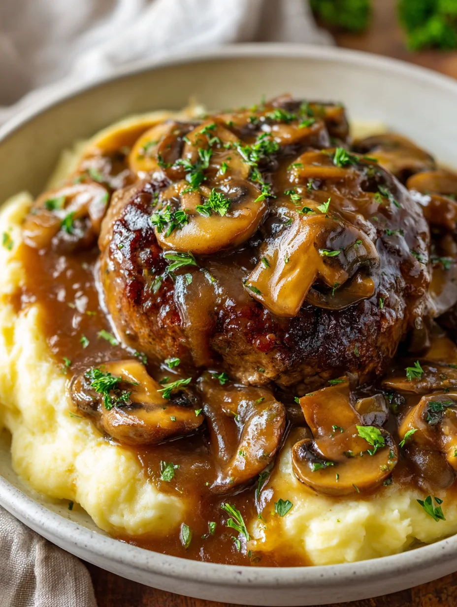Homemade Salisbury steak with mushroom gravy served over mashed potatoes.