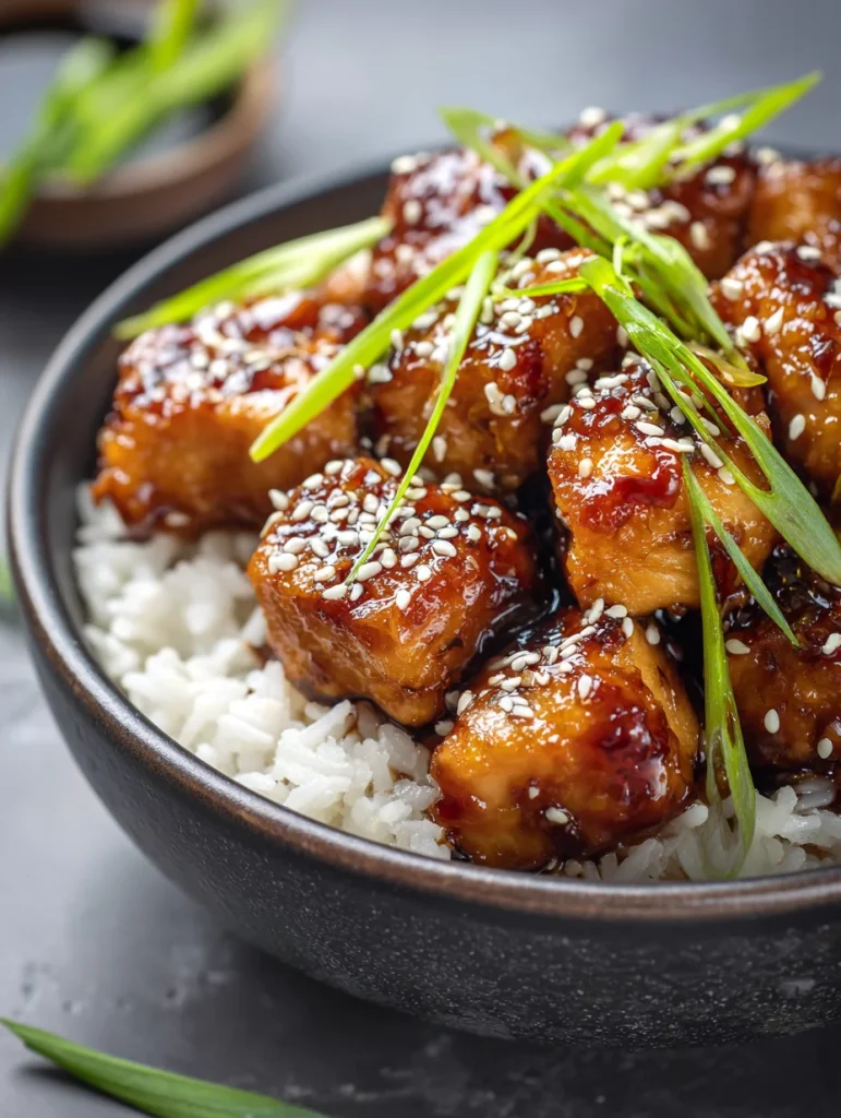 Close-up honey garlic salmon bites over rice with sesame and green onions.