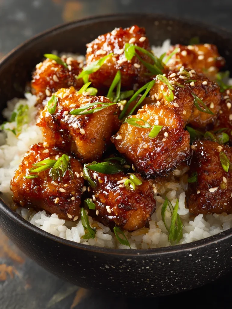 Crispy honey garlic salmon bites with rice, sesame seeds, and scallions.