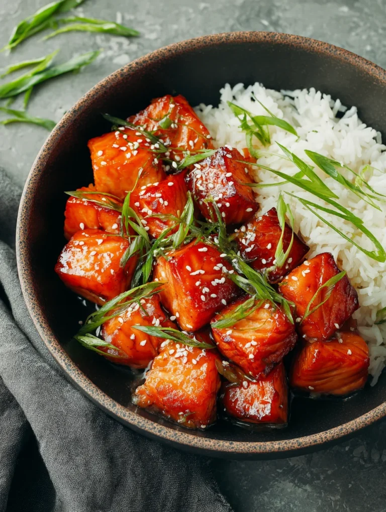 Honey garlic salmon bites with rice, sesame seeds, and green onions.