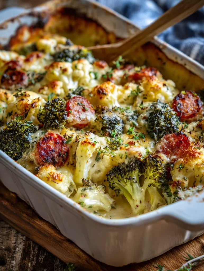 Keto broccoli and cauliflower au gratin with sausage in a creamy cheese sauce baked in a casserole dish with a serving spoon.