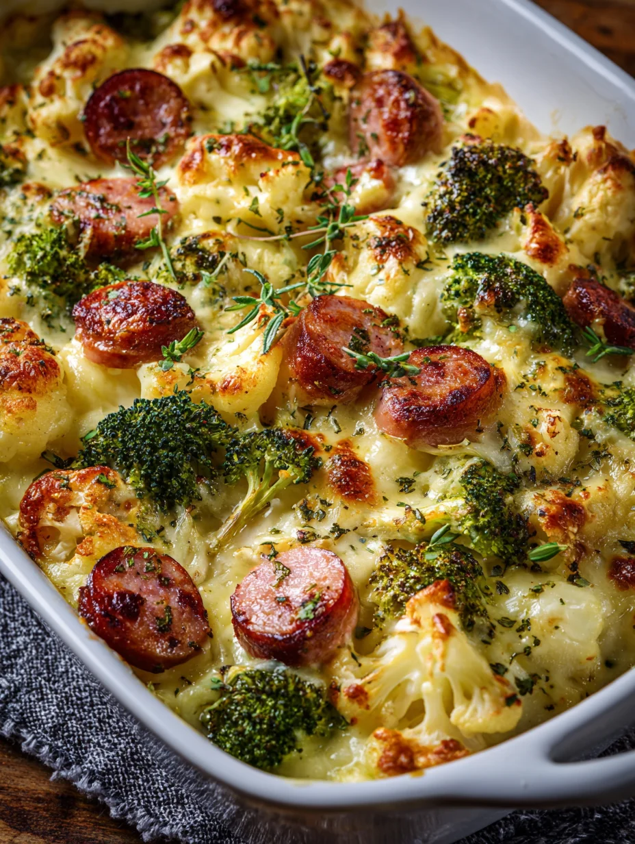 Keto broccoli and cauliflower au gratin with sausage baked in a creamy cheese sauce and topped with herbs in a casserole dish.