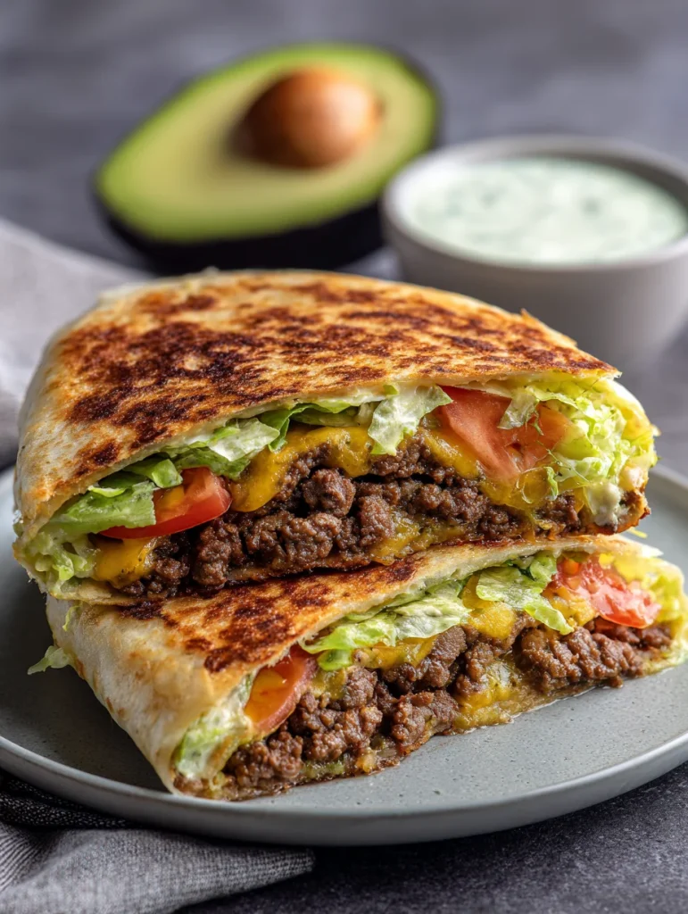 Crispy keto crunchwrap cut in half with seasoned beef, melted cheese, lettuce, and tomatoes inside a toasted low-carb wrap.