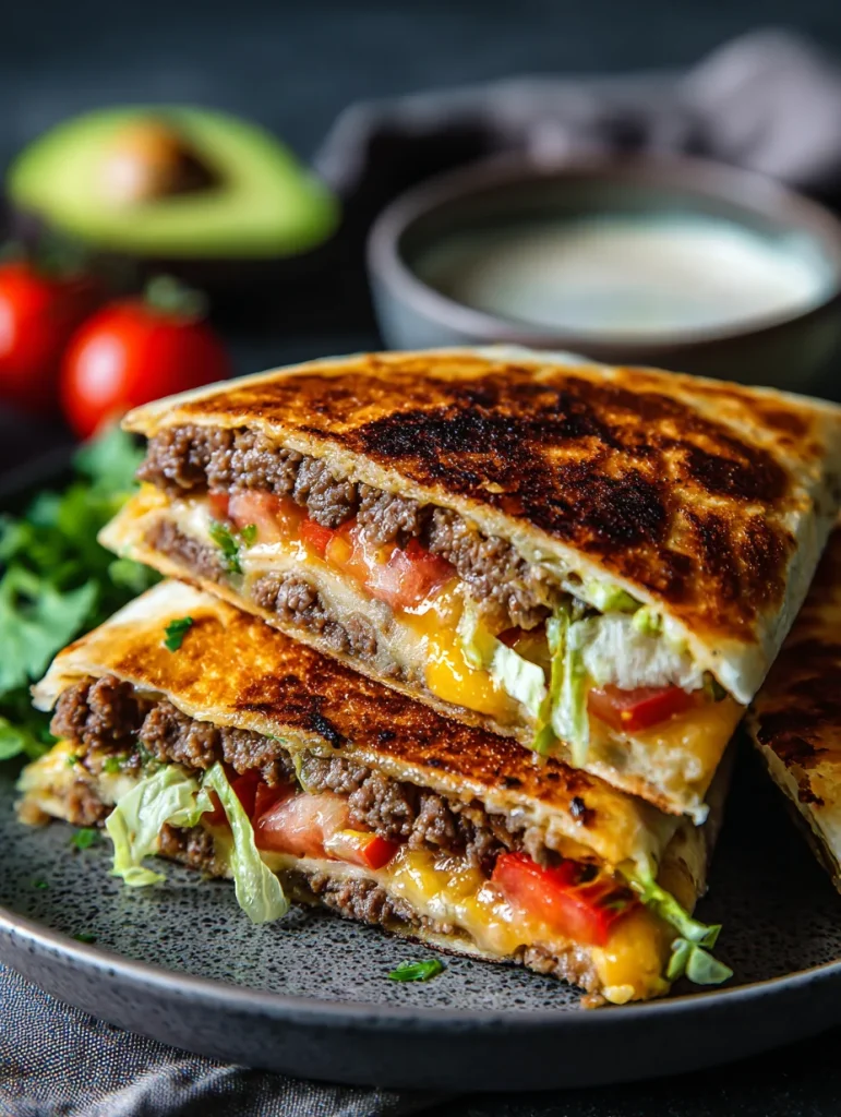 Stacked keto crunchwrap halves filled with seasoned ground beef, melted cheese, lettuce, and tomatoes in a crispy low-carb wrap.