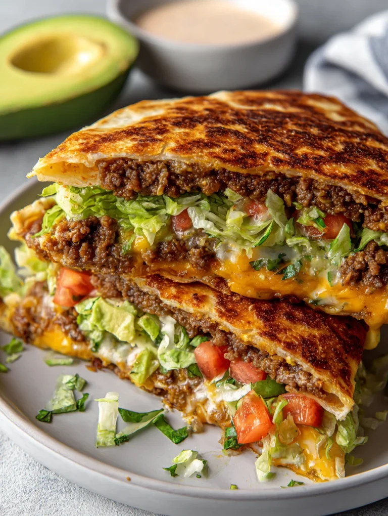 Keto crunchwrap with seasoned ground beef, melted cheese, lettuce, and tomatoes in a crispy low-carb wrap.