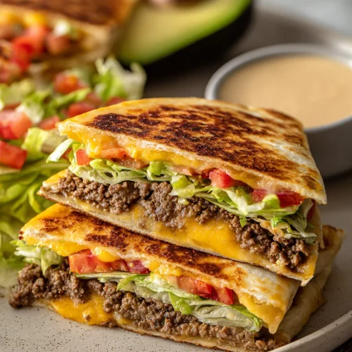 Crispy keto crunchwrap stacked on a plate with seasoned beef, melted cheese, lettuce, and diced tomatoes inside a toasted low-carb wrap.