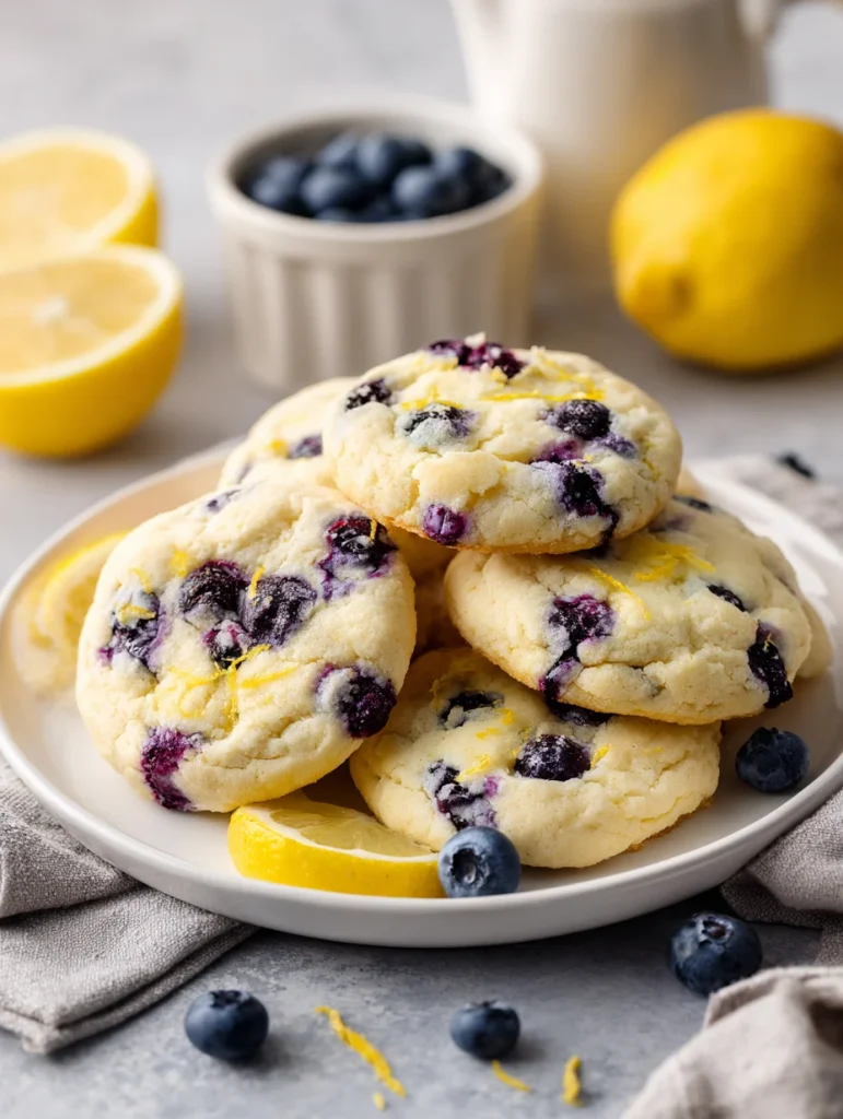 Soft lemon blueberry cheesecake cookies on a plate with fresh lemons and blueberries.